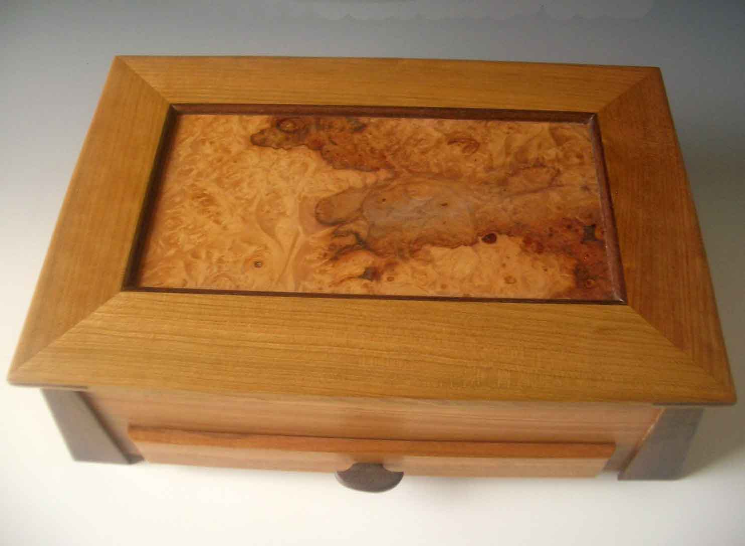 Handmade large wooden jewelry box made of cherry wood and spalted maple burl